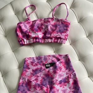 Beach Riot pink and purple tie dye activewear set with bra & long leggings.